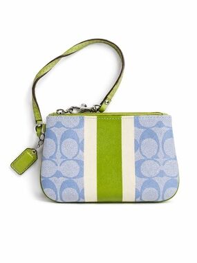 Coach signature jacquard wristlet wallet with a green white patent leather